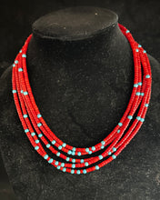 Load image into Gallery viewer, Five Strand Red Coral &amp; Turquoise Necklace
