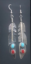 Load image into Gallery viewer, Turquoise &amp; Red Coral Sterling Silver Feather Earrings
