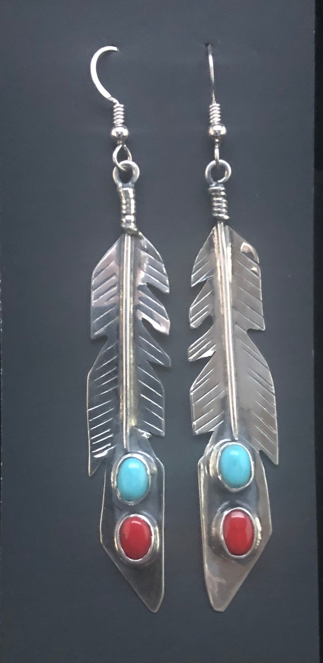 Turquoise & Red Coral Sterling Silver Feather Earrings