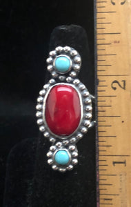 Red Coral & Turquoise Sterling Silver Ring