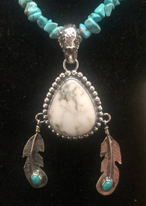 White Buffalo Turquoise with Feather Sterling Silver Necklace