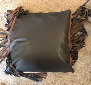 Hair on Hide Leather Buffalo Pillow With Leather Fringe