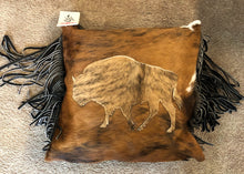 Load image into Gallery viewer, Hair On Hide Leather Buffalo Pillow With Leather Fringe
