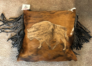 Hair On Hide Leather Buffalo Pillow With Leather Fringe