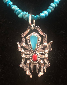 Turquoise & Red Coral Sterling Silver Spider Necklace Pendant
