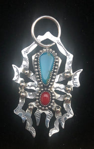 Turquoise & Red Coral Sterling Silver Spider Necklace Pendant