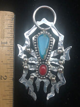 Load image into Gallery viewer, Turquoise &amp; Red Coral Sterling Silver Spider Necklace Pendant

