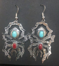 Load image into Gallery viewer, Turquoise &amp; Red Coral Sterling Silver Spider Earrings
