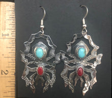 Load image into Gallery viewer, Turquoise &amp; Red Coral Sterling Silver Spider Earrings
