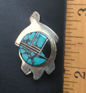 Turquoise & Onyx Inlay Sterling Silver Turtle Necklace/Pin