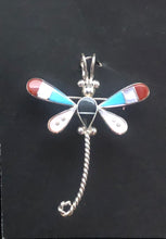 Load image into Gallery viewer, Turquoise, Red Coral, Mother of Pearl &amp; Onyx Sterling Silver Dragonfly Necklace/Pin
