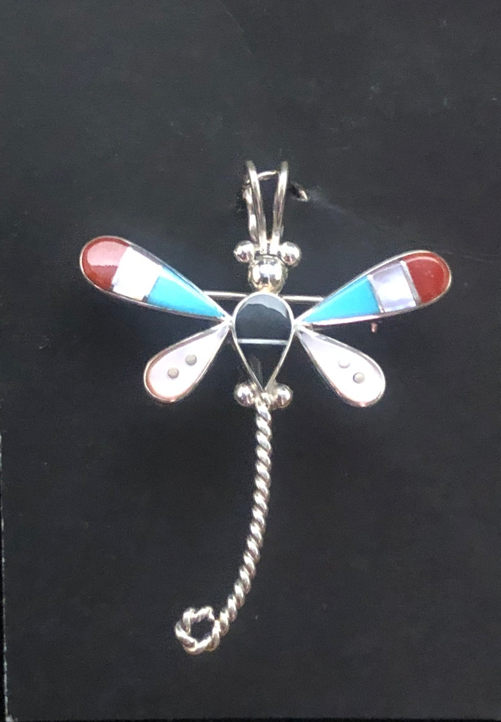 Turquoise, Red Coral, Mother of Pearl & Onyx Sterling Silver Dragonfly Necklace/Pin