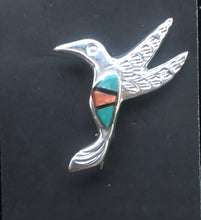 Load image into Gallery viewer, Turquoise, Spiney Oyster &amp; Onyx Sterling Silver Hummingbird Necklace/Pin
