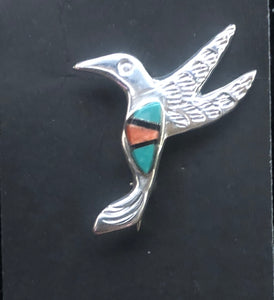 Turquoise, Spiney Oyster & Onyx Sterling Silver Hummingbird Necklace/Pin