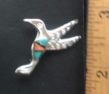 Load image into Gallery viewer, Turquoise, Spiney Oyster &amp; Onyx Sterling Silver Hummingbird Necklace/Pin
