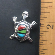 Load image into Gallery viewer, Turquoise, Red Coral &amp; Onyx Sterling Silver Turtle Necklace/Pin
