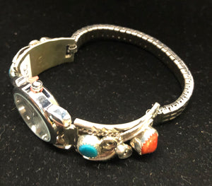 Turquoise and coral sterling silver watch band