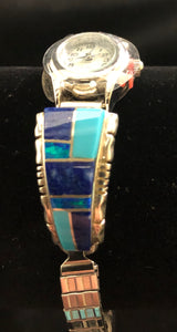 Turquoise, Lapis and Opal inlay sterling silver watch band