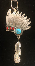 Load image into Gallery viewer, Turquoise and coral sterling silver Headdress pendant
