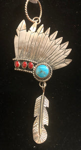 Turquoise and coral sterling silver Headdress pendant
