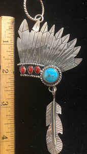 Turquoise and coral sterling silver Headdress pendant