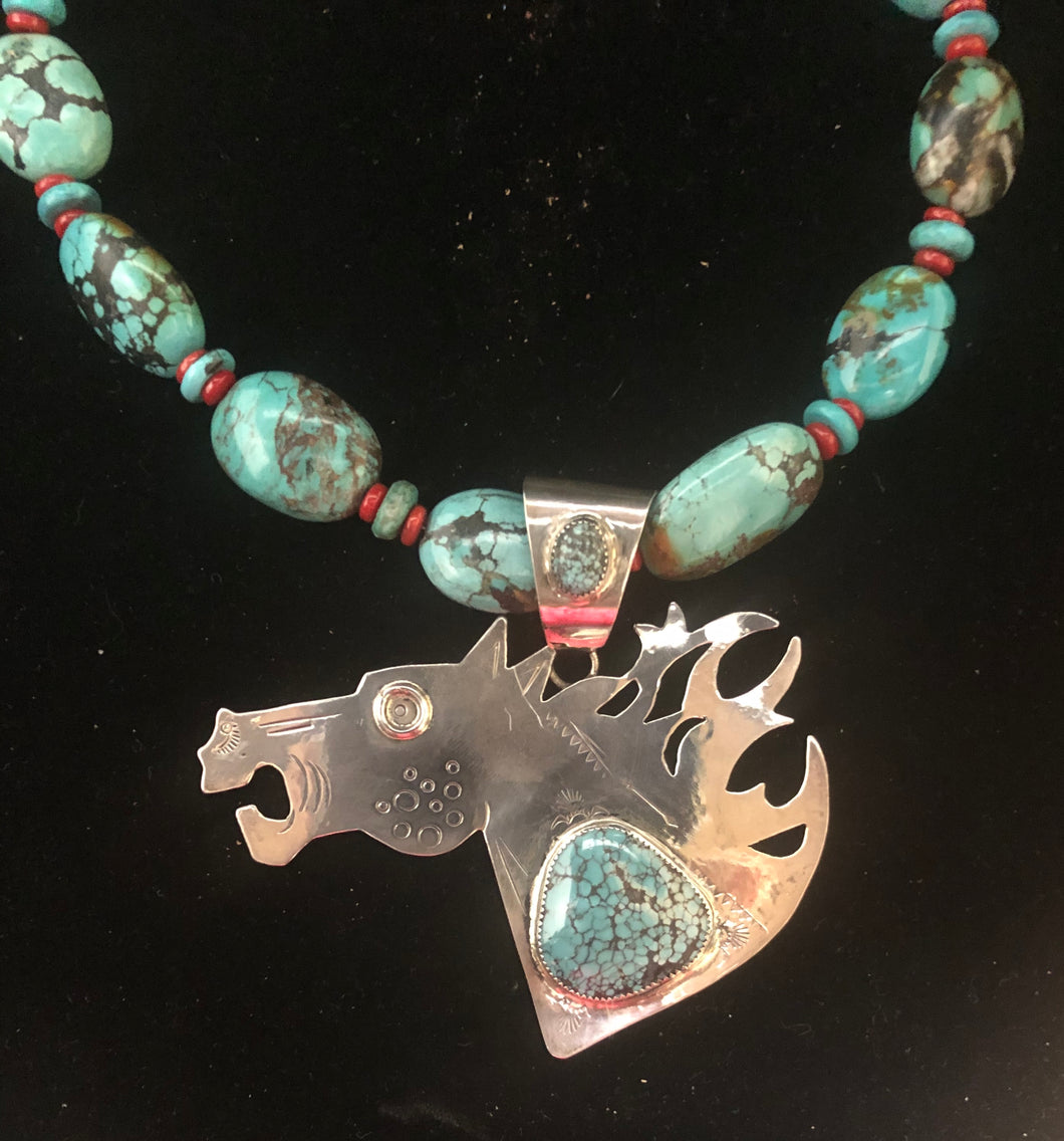 Turquoise sterling silver horse necklace