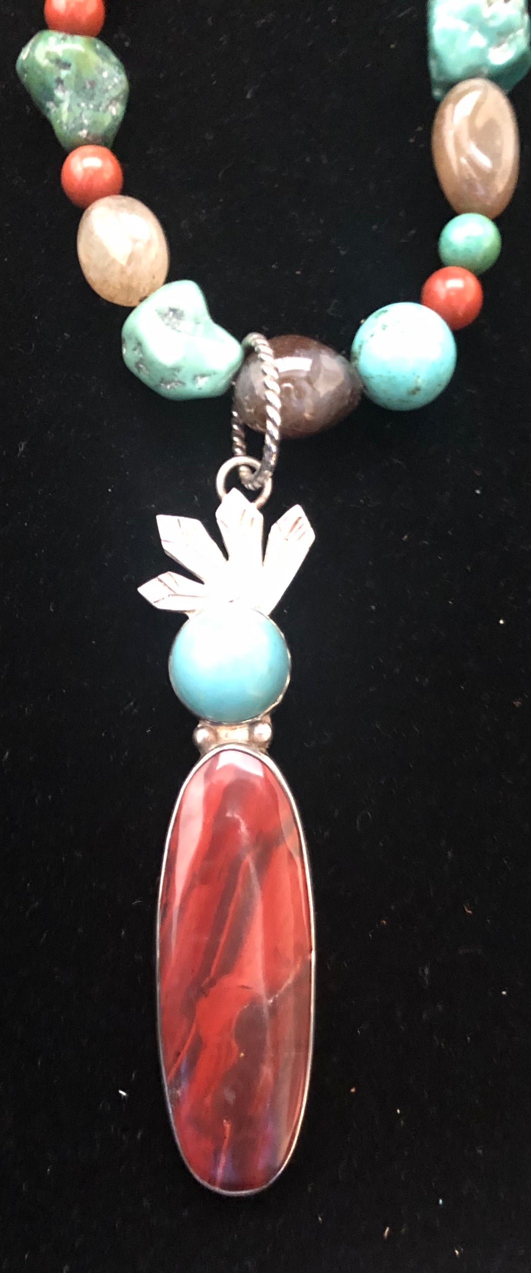 Red Creek Jasper and Turquoise sterling silver Shamans necklace