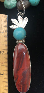 Red Creek Jasper and Turquoise sterling silver Shamans necklace