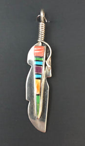 Multi stone inlay sterling silver feather pendant
