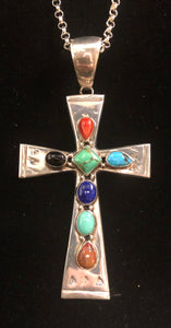 Multi Stone Sterling Silver Cross Necklace
