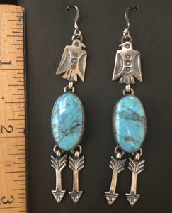 Turquoise sterling silver dangle Thunderbird & arrow earrings
