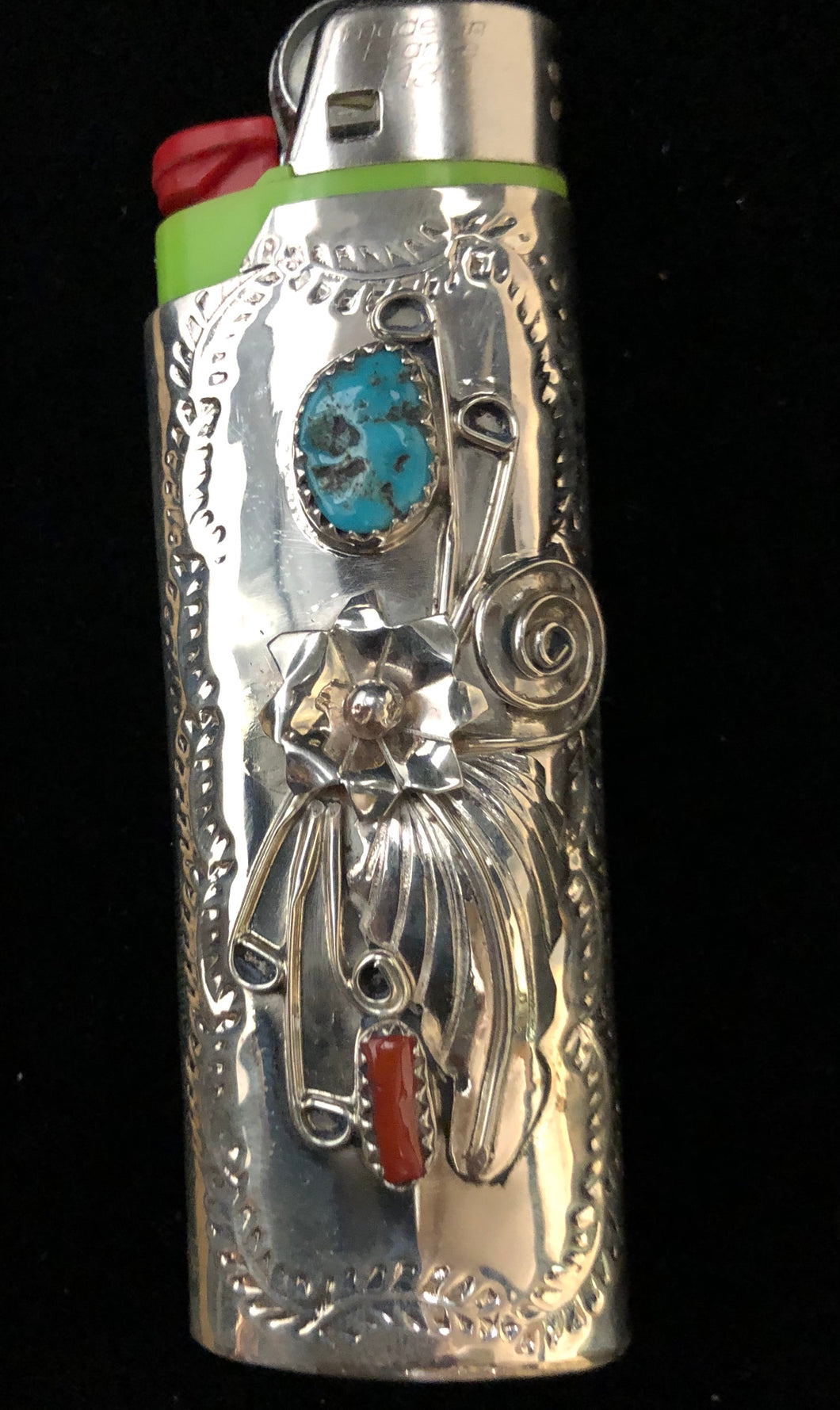 Turquoise & Coral sterling silver lighter case