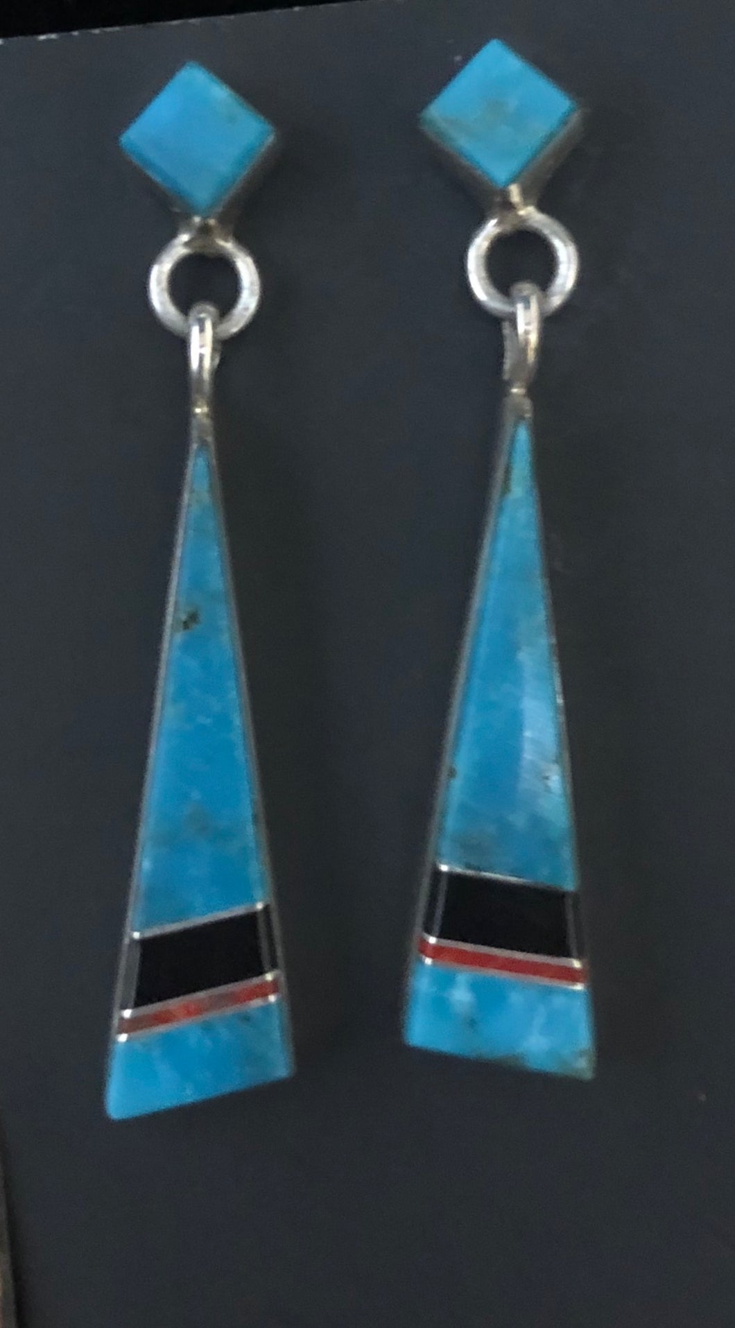 Turquoise, coral & onyx sterling silver earrings