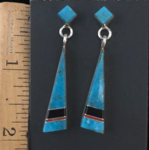 Turquoise, coral & onyx sterling silver earrings