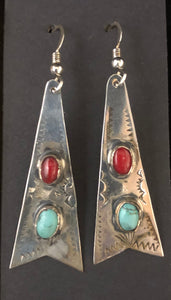 Turquoise & coral sterling silver earrings
