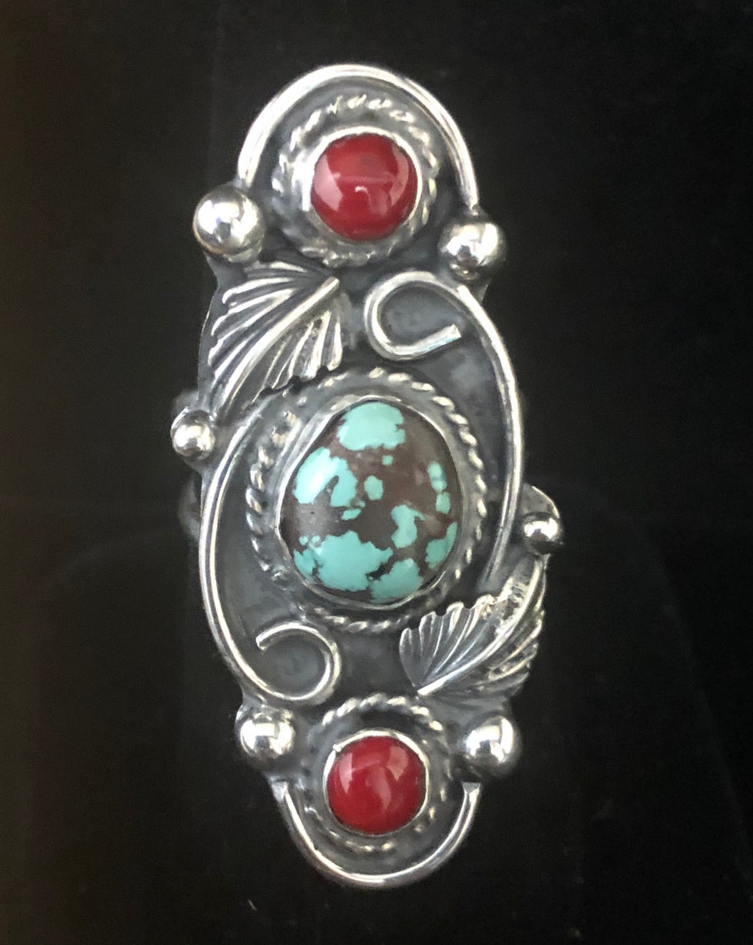 Turquoise & Coral sterling silver ring