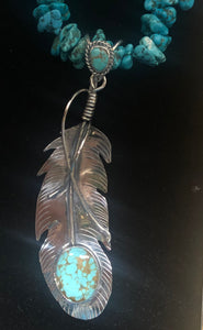 Turquoise Sterling Silver Feather on Turquoise nugget necklace