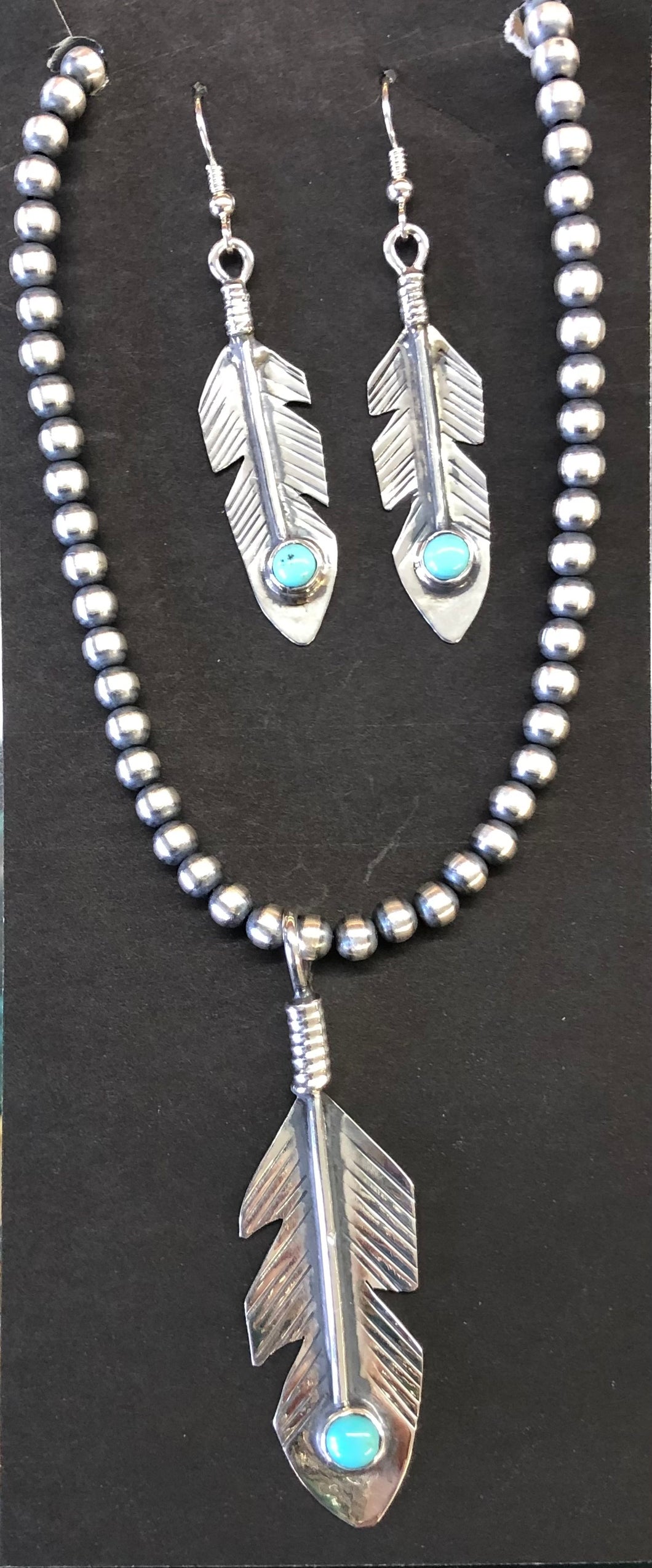 Turquoise Sterling Silver Feather Necklace and Earring set