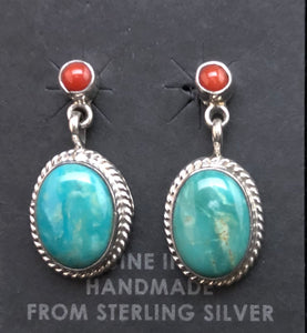 Turquoise and Coral Sterling Silver Earrings