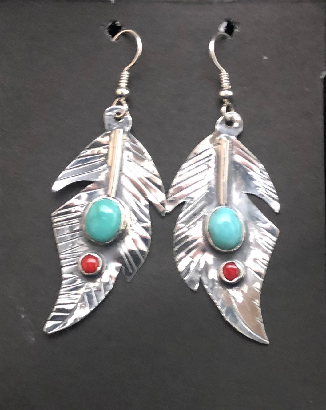 Turquoise & Coral Sterling Silver Feather Earrings