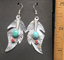 Load image into Gallery viewer, Turquoise &amp; Coral Sterling Silver Feather Earrings
