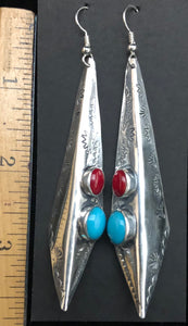 Turquoise & Coral Sterling Silver Earrings