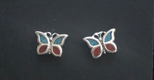 Load image into Gallery viewer, Inlaid Turquoise &amp; Red Coral Sterling Silver Butterfly Earrings
