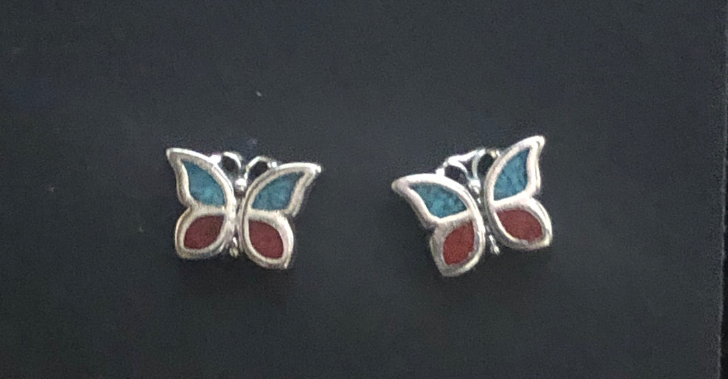Inlaid Turquoise & Red Coral Sterling Silver Butterfly Earrings