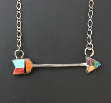 Load image into Gallery viewer, Turquoise, Onyx and Spiny Oyster sterling silver arrow necklace
