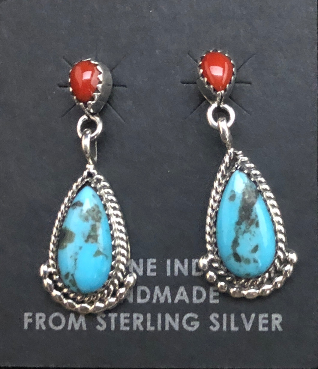 Turquoise and coral sterling silver earrings