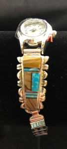 Turquoise, tiger's eye, onyx inlay sterling silver watch band