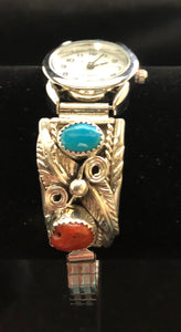 Turquoise and coral sterling silver watch band