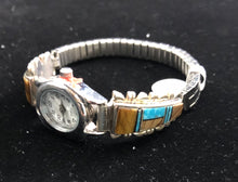 Load image into Gallery viewer, Turquoise, tiger&#39;s eye, onyx inlay sterling silver watch band
