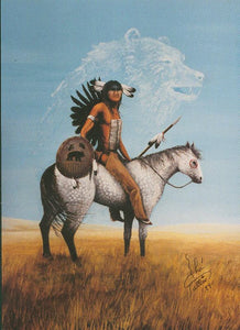 Painting of a Bear Shaman on a horse with a bear in the clouds